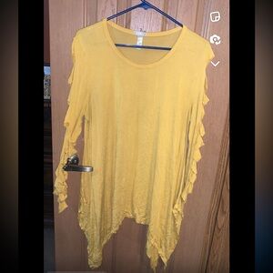 Yellow long sleeved women’s dressy shirt with slit sleeves